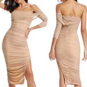 Melody Sheer Overlay Ruched One Sleeve Off Shoulder Slit Bodycon Sheath Dress SM